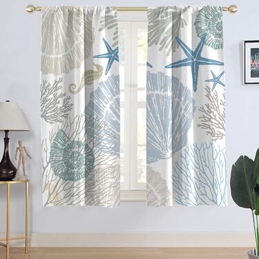 AAtter Coastal Nautical Curtains Beach Seashell Shell Starfish Pattern Ocean Theme Drapes Bedroom and Living Room Window Decor 2 Panels 42 W x 63 L Teal