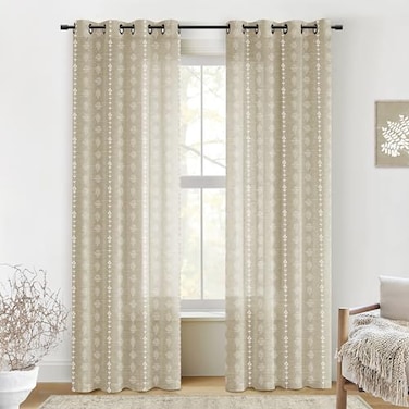 Lino Rosa Coastal Boho Farmhouse Curtains for Living Room Neutral Tan Beige and White Light Filtering Patterned Linen Drapes for Dining Room Bedroom 84 Inches Long