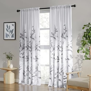HOMEIDEAS Grey and White Semi Sheer Curtains 84 Inches Long Light Filtering Drapes Gray Leaf Printed Privacy Sheer Curtains for Bedroom Living Room 2 Panels