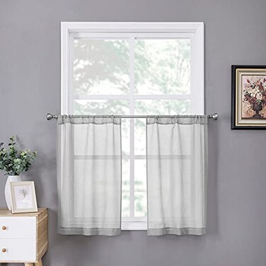 Tollpiz Sheer Tier Curtain Linen Textured Half Kitchen Curtains Sheer Light Filtering Rod Pocket Voile Small Curtains for Bathroom 25 x 36 inches Long Silver Grey Set of 2 Panels