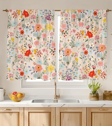 Stanoha Kitchen Curtains 2 Pcs Over Sink Cafe Basement Cortinas para Cocina Farmhouse Short Mini Curtain for Bathroom Window Spring Summer Elegant Country Rustic Modern Cute 2636 Yellow Floral