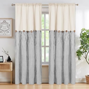 ASPMIZ Cotton Linen Farmhouse Curtains Boho Rustic Button Curtain Linen Window Curtain Panels Grey Stripe Country Curtains for Bedroom Back Tab Modern Drapes for Windows 52 x 84 Inch 2 Panels