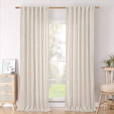 BGment 96 Inches Long Linen Semi Sheer Curtains for Living Room 2 Panel Set Light Filtering Drapes Natural Textured with Rod Pocket Back Tab for Farmhouse Bedroom Each Panel 52 Inch Wide