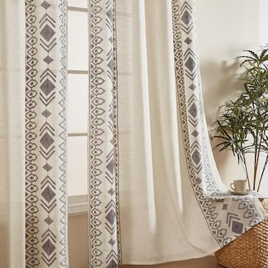 LOHUT Boho Curtains 63 Inch Long 2 Panels Set Cream Linen Embroidered Geometric SemiSheer Light Filtering Living Room Bedroom Dining Room