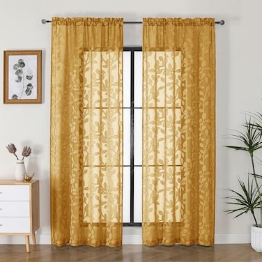 OVZME Gold Sheer Curtains 84 inches Long 2 Panels for Living Room Jacquard Clip Leaf Pattern Textured Light Filtering Window Semi Sheer Voile Drapes for Bedroom Each Panel 42 x 84 Inch