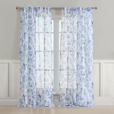 Laura Ashley Summer Palace Window Curtains with Rod Pocket 84inch Length 2 Panels Set Sheer Light Filtering Blue