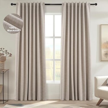 Topfinel Light Blocking Rustic 96 Inch Long Linen Curtains 2 Panel Set Modern Farmhouse Curtains for Living Room Room Darkening Tab Top Textured Noise Reduction Drape 8FT HookRing Included