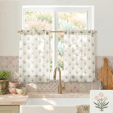 Lino Rosa Small Window Curtains for KitchenSheer Green and Pink Short Cafe Half Curtains for Nursery Girls Bedroom Baby Kids Room 2 Panel Sets