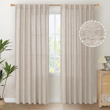 YoungsTex Natural Linen Curtains 80 Inch Length for Living Room Light Filtering Burlap Textured Rod Pocket Window Drapes Back Tab for Bedroom Office Rustic 2 Panels 52 X 80 Inch