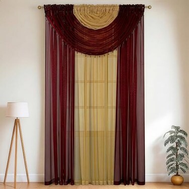 YHSF Sheer Curtains Laura Collection 4 Panel Set 84 Inches Long Elegant Curtains for Bedroom More Valances with Beads 2 tiebacks 55 x 84 Easy Install Multicolor BurgundyGold