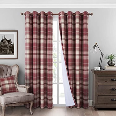 always4u Plaid Curtains 100 Blackout Thermal Drapes for Bedroom Check Woolen Look Farmhouse Living Room Curtains 2 Panels 45 63 Classic Red