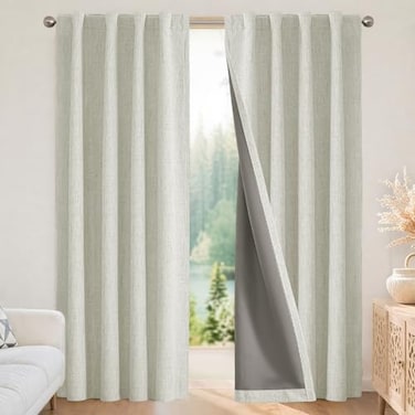 Joydeco Blackout Curtains for Bedroom 100 Light Blocking 2 Panels Light Beige Drapes 37W x 72L Thermal Insulated Room Darkening Curtains Linen Textured for Living Room Rod Pocket Back Tabs