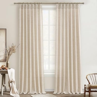 PleatedDrapes 96 Inch Curtains 2 Panel Set Modern Linen Pleat Back Tab Dining Room Window Curtains Light Filtering Aesthetic Semi Sheer Living Room Drapes with Hooks Ring Cream Oatmeal W40 x L96
