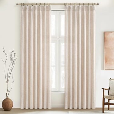 PleatedDrapes Textured Semi Sheer Burlap Curtains 84 Inches Long Neutral Country Tan Beige Flax Linen Ceiling Track Light Filtering Curtains for Sliding Glass DoorOfiice 2 Panels Hooks Privacy Drape