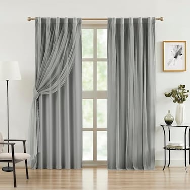 Bujasso Grey 90 Blackout Curtains with Sheer Overlay Mix and Match Double Layer Window Curtains Thermal Insulated 84 inch for Bedroom Gray Drapes with Tiebacks Rod Pocket Back Tab 37 Wx84 Lx2