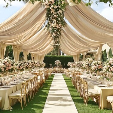 Htper 4 Panels 5x20ft Beige Ceiling Drapes for Wedding Parties Wrinkle Free Thick Polyester 20ft Extra Long Wedding Draping Beige Ceiling Curtains Arch Drapery for Birthday Party Canopy Tent Decor