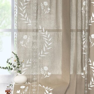 Schweek Tan Boho Curtains for Living Room 84 Inches Long 2 Panels Linen Floral Cute Curtains Semi Sheer Country Rustic Window Western Curtain