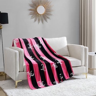 Juicy Couture Cabana Plush Hot Pink Striped 50X70 Fuzzy Throw Blanket Luxurious Microfiber Plush Blanket for Ultimate Comfort and Cozy Warmth