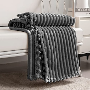 DISSA Fleece Blanket Throw Size 51x63 Dark Grey Soft Plush Fluffy Fuzzy Warm Cozy Perfect Throw for Couch Bed Sofa with Pompom Fringe Flannel Blanket Throw Blanket