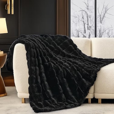 Cozy Bliss Deluxe Sheared Rabbit Faux Fur Throw Blanket Soft Fuzzy HighLow Sculpted Plush Blanket for Couch Cozy Home Accent All Season Use Black 50x60