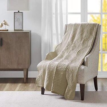 Madison Park Luxe Quilted Throw Blanket Damask Stitching Design Cotton Filled Spread Ultra Soft Cozy Bedding for Living Room Couch Sofa Bed 60x72 Scalloped Borders Khaki