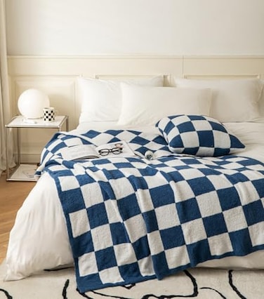 REPRECONF UltraSoft Buffalo Checkerboard Grid Fluffy Microfiber Knitted Throw Blanket Super Cozy Lightweight Checkered Bed Blanket for Sofa Couch Bed Navy 51X63