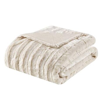 Madison Park Duke Luxury Long Faux Fur Throw Ivory 5060 Premium Soft Cozy Brushed Long Faux Fur For Bed Coach or Sofa