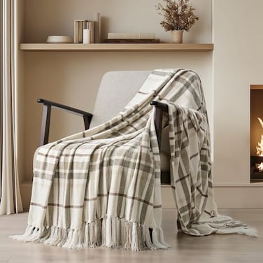 EverGrace Plaid Chenille Throw Blanket for Couch Super Soft Cozy Decorative Farmhouse Plaid Throw with Tassels Lightweight Chenille Knit Throw for Bed Sofa Gift Home Decor Beige 50x60