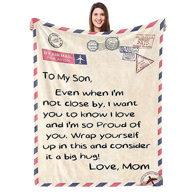 UFOORO My Son Throw Blanket Gifts from Mom Soft Warm Blue Letter Print 70x55 inches Polyester Flannel