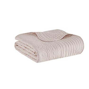 Madison Park Luxe Quilted Throw Blanket Damask Stitching Design Cotton Filled Spread Ultra Soft Cozy Bedding for Living Room Couch Sofa Bed 60x72 Scalloped Borders Blush