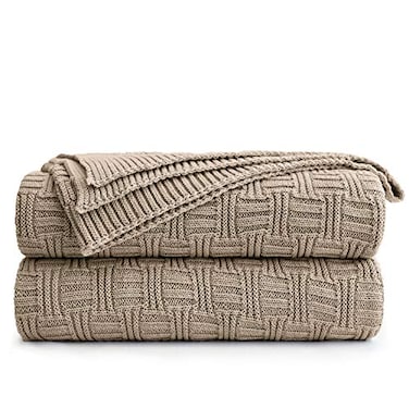 Longhui bedding Khaki Cotton Knit Throw Blanket for Couch Sofa Bed Home Decorative Soft Cozy Sweater Woven Fall Cable Knitted Blankets 23 pounds 50 x 60 Inch