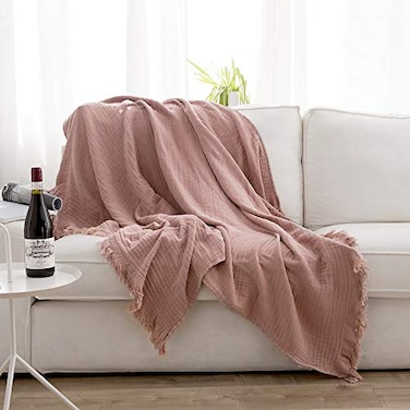 SimpleOpulence SimpleOpulence Cotton Muslin Throw Blanket for Bed Couch Knit Woven Gauze Blanket with Tassels Soft Lightweight Cozy PreWashed Breathable Farmhouse Decoration for AllSeason Dusty Rose