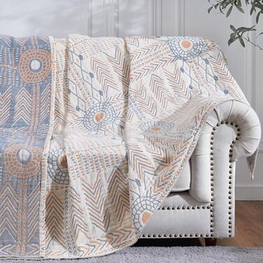 jinchan Boho 100 Cotton Muslin Twin Size 60x80 Throw Blanket Lightweight 4Layer Orange Reversible Blanket Washable Breathable Geometric Striped Pattern Soft Comfy for Couch Bed Decor All Seasons