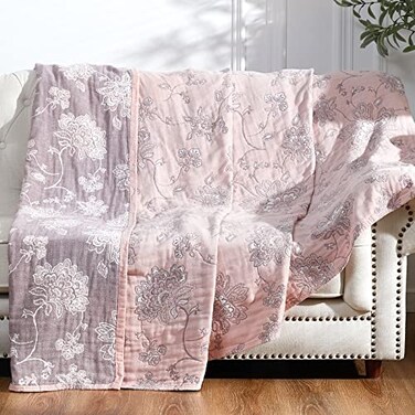 jinchan Boho 100 Cotton Muslin Twin Size 60x80 Inches Blanket Lightweight 4Layer Quilted Soft Pink Red Floral Throw Blanket Reversible Comfy Flower Breathable All Seasons Couch Bedroom Decor