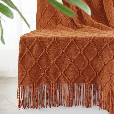 inhand Knitted Throw Blankets for Couch and Bed Soft Cozy Knit Blanket with Tassel Orange Rust Lightweight Decorative Blankets and Throws Farmhouse Warm Woven Blanket for Men and Women 50x60