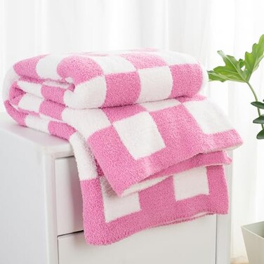 Carriediosa Checkered Throw Blanket 50 X 60 400GSM Ultra Soft Microfiber Fuzzy Fluffy Reversible Cute Preppy Knitted Blankets Cozy Plush Fall Throws for Couch Bed Sofa Hot Pink