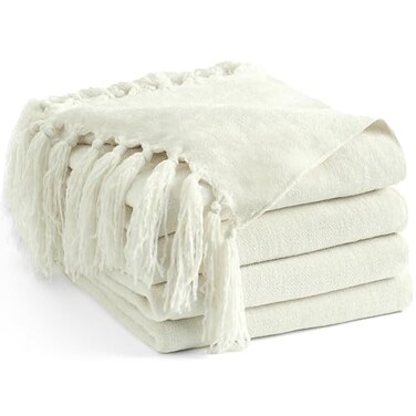 LONG CREATE Chenille Throw Blanket for Couch 50X 60 Soft Cozy Throws with Fringe Tassel for Bed Sofa Chair Cover Lightweight Knitted Decorative Boho Blankets for Living Room Ivory White