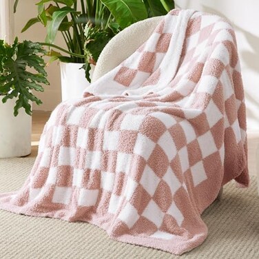 Bedsure GentleSoft Pink Checkered Throw Blanket for Couch Soft Cozy Fluffy Blanket Lightweight Warm Knit All Season Plaid Blankets for Bed Sofa Birthday for Women 50x60 Inches