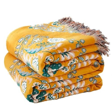 VANJOROY Boho Throw Blanket 100 Cotton Soft Sofa Bed ThrowFloral Farmhouse Decor Blanket Reversible Bohemian Throw for Chair Couch Quilt and Gift 60 x 80Yellow