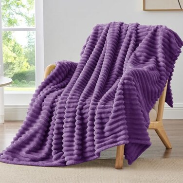 BEDELITE Fleece Throw Blanket for Couch 300GSM Soft Warm Fluffy Purple Blanket Decorative and Giftable Striped Blankets for Women Men 50x60