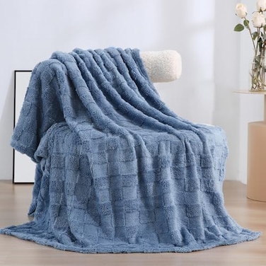 Linecooo Dusty Blue Fleece Throw Blanket 5060 for Couch Sofa BedSuper Soft Cozy Plush Microfiber Flannel Blanket with 3D Checkered Design Lightweight for AdultsWomanGirls