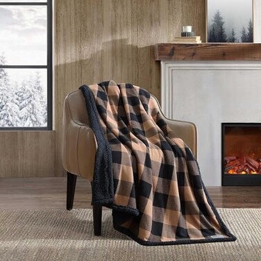 Eddie Bauer Throw Blanket Brushed Fleece Plush Sherpa Soft Blanket Throw Blanket for Couch Bed Cabin Plaid Beige 50 x 60