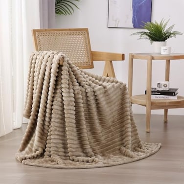 Linecooo Tan Fleece Throw Blanket 5060 for Couch Sofa BedSuper Soft Cozy Plush Blanket with Stripes Design Lightweight for AdultsWomanGirls