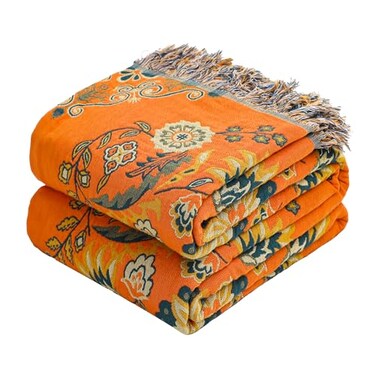 VANJOROY Boho Throw Blanket 100 Cotton Muslin Breathable Soft Bed Throw Floral Farmhouse Decor Blanket for Sofa Couch Chair and Gift 60 x 80 Orange