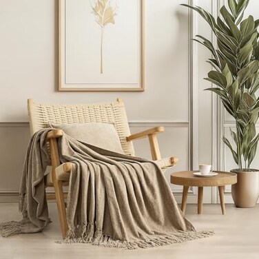 EverGrace Soft Chenille Throw Blanket for Couch Cozy Plush Fuzzy Decorative Chenille Knit Throw Blanket with Tassels Lightweight Blanket and Throws for Bed Sofa Gift Home Decor Beige 50x60