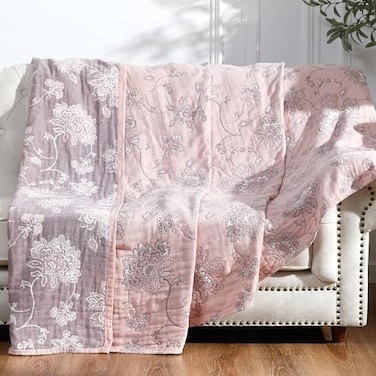 jinchan Boho 100 Cotton Muslin Queen Size 80x90 Inches Blanket Lightweight 4Layer Quilted Soft Pink Multi Floral Throw Blanket Reversible Comfy Flower Rustic All Seasons Couch Bedroom Decor