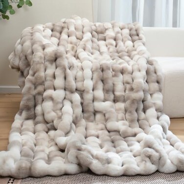 macinso Super Comfort Oversized Warm Thick 1000GSM Luxury Plush Rabbit Faux Fur Throw Blanket Fluffy BlanketSoft Cozy Bubble Blanket for Couch Chair Bed Sofa Living Room Brownwhite 50 x 60