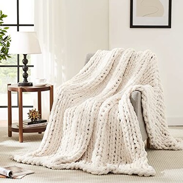 L'AGRATY LAGRATY Chunky Knit Blanket Soft Chunky Throw 60x80 inches 100 Hand Kintted Chenile Crochet Throw for Couch Large Cable Knit Blanket for Home Decor Ivory
