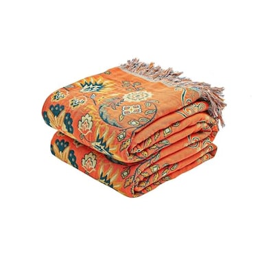 XIBLC Boho Throw Blanket 100 Cotton Ultra Soft Luxury Throw Rustic Quilt 90x98 Floral Printed Farmhouse Decor Bed Summer Blankets All Season Rustic Reversible Bohemian Throw for Bed Orange