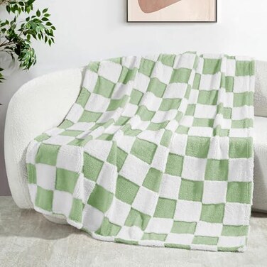 Exclusivo Mezcla Checkered Throw Blanket Super Soft and Warm Fluffy Fleece Blanket for Couch Sofa Bed Cute Plaid Pattern Sage Green 50 x 60